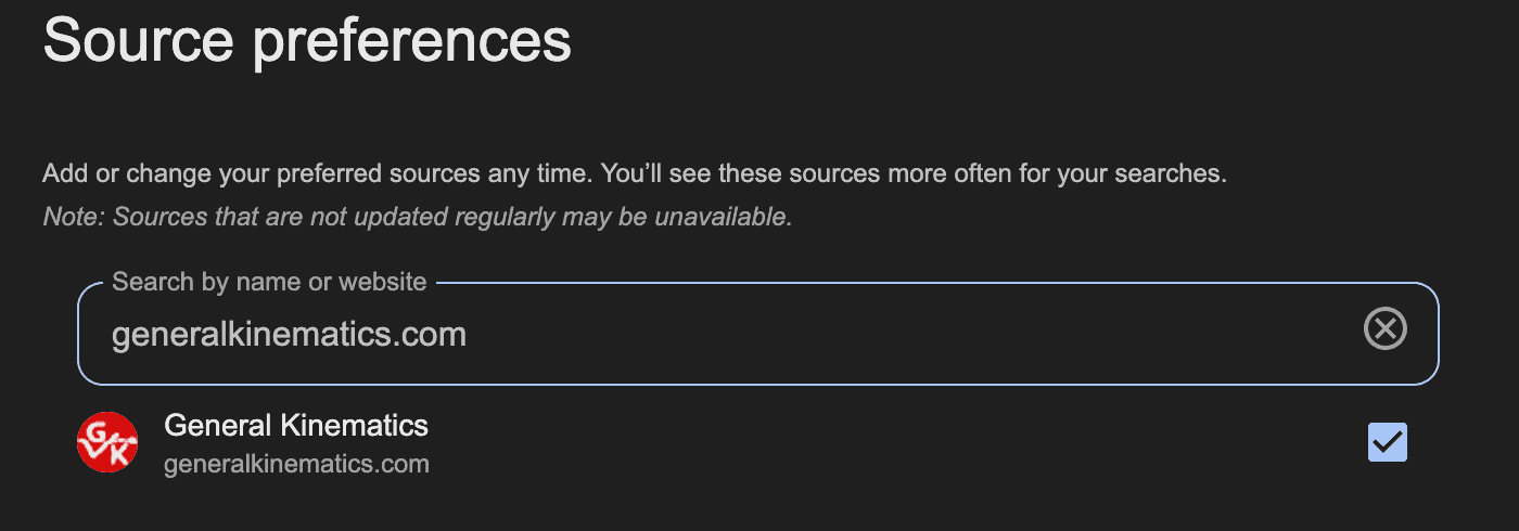 A screenshot of the Source Preferences page with 'generalkinematics.com' entered into the search bar.